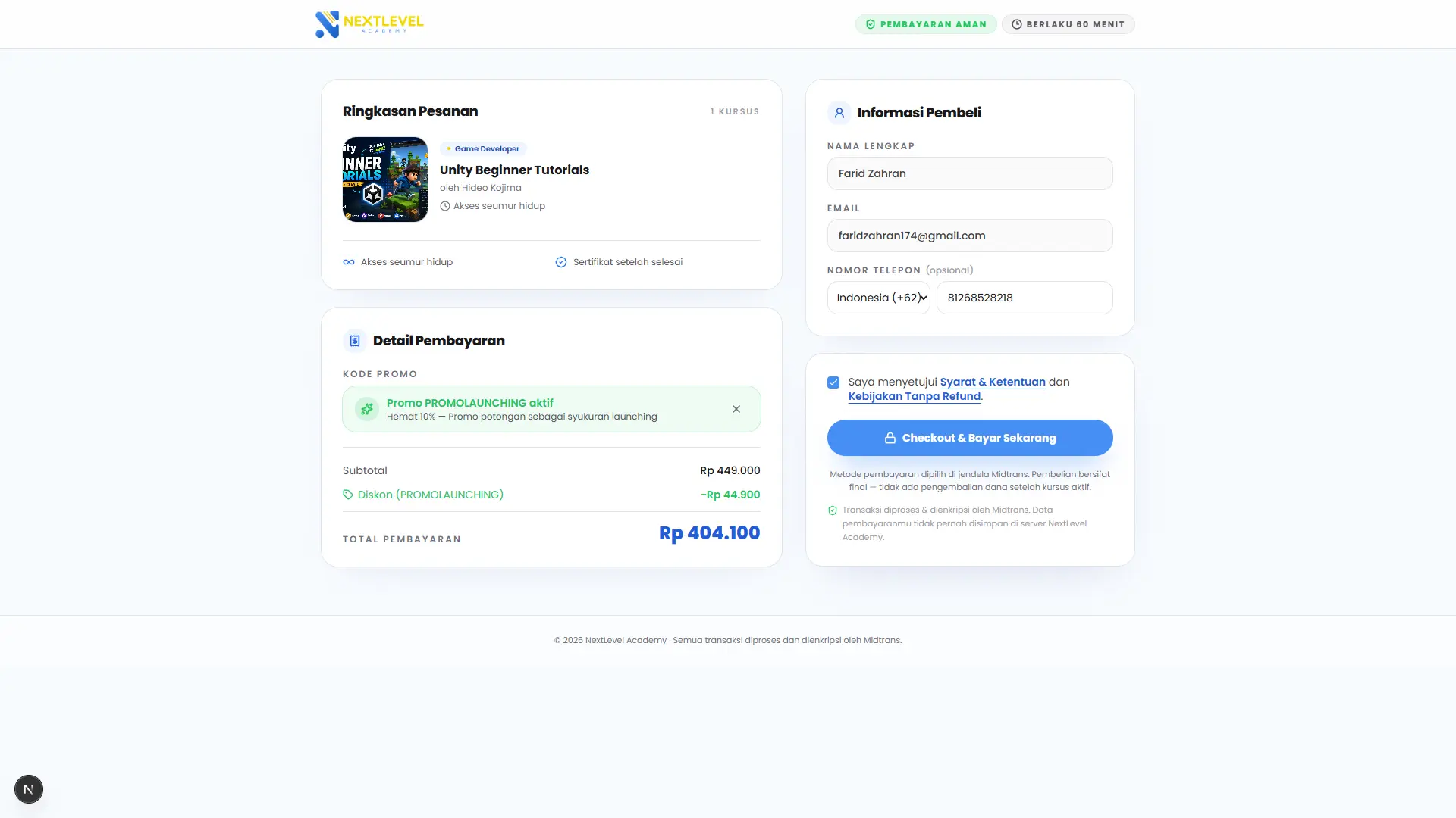 Checkout modal with applied gamification discount voucher